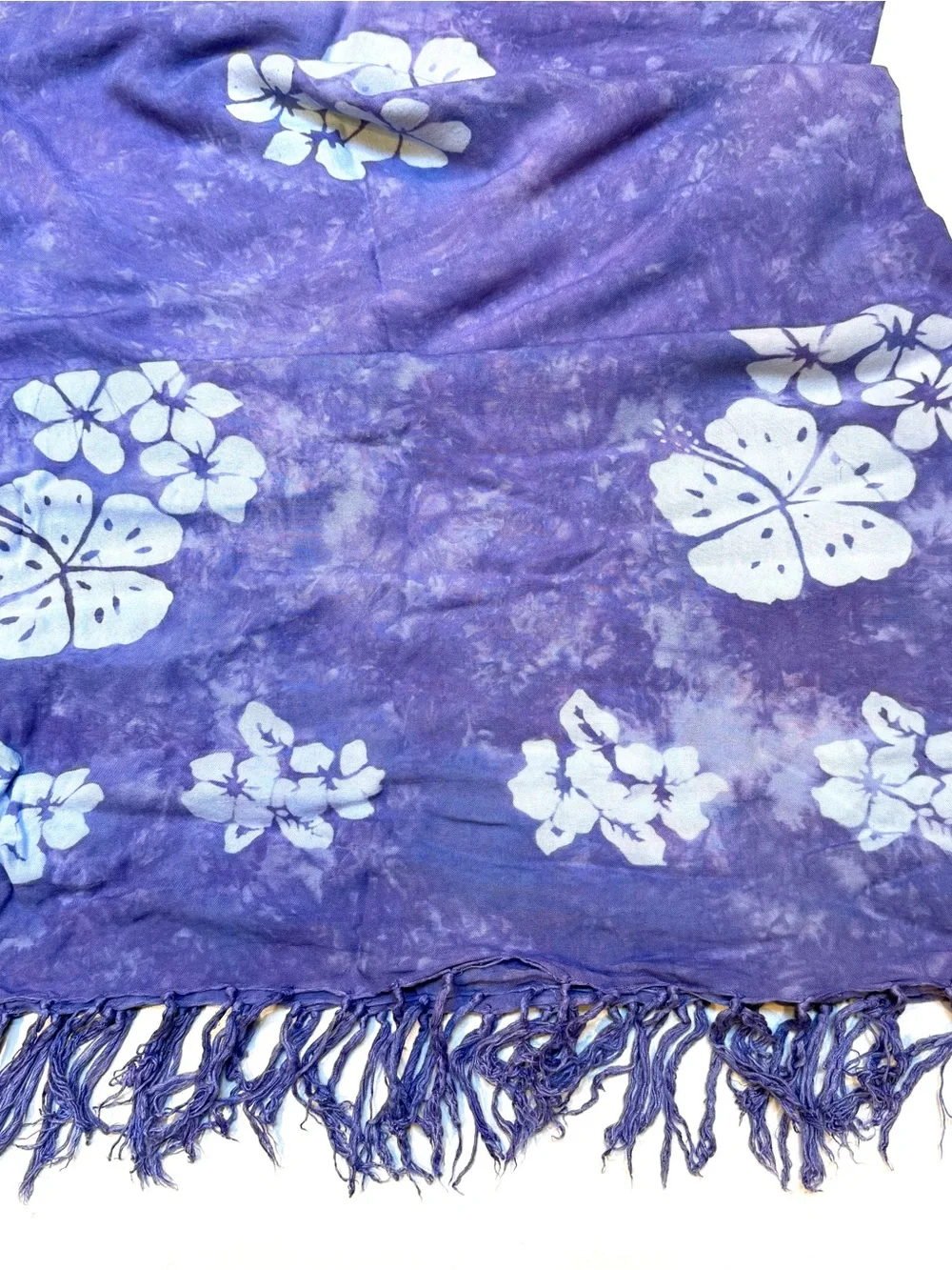 Purple Floral Tie-Dye Scarf with Fringe